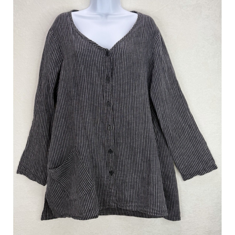 Flax Women's Black and White Stripe Linen Button Up Top Size Small